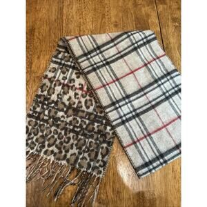 Cashmink Tartan Leopard Print Fringe Scarf Dust Gray red Beige